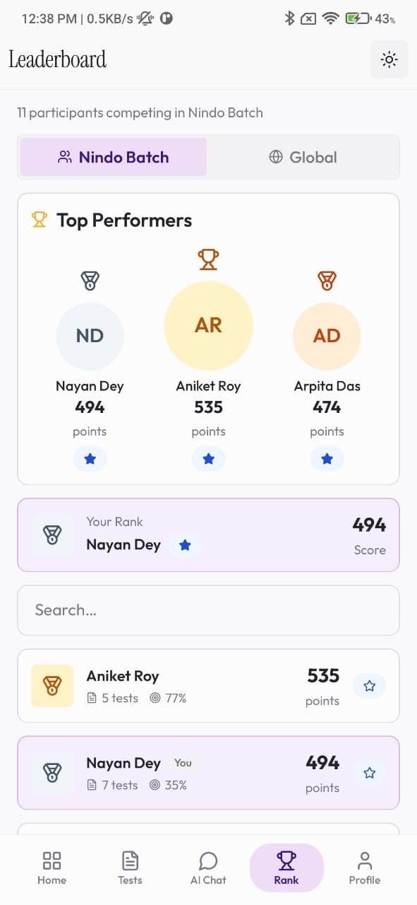 Nindo student rank and leaderboard screen
