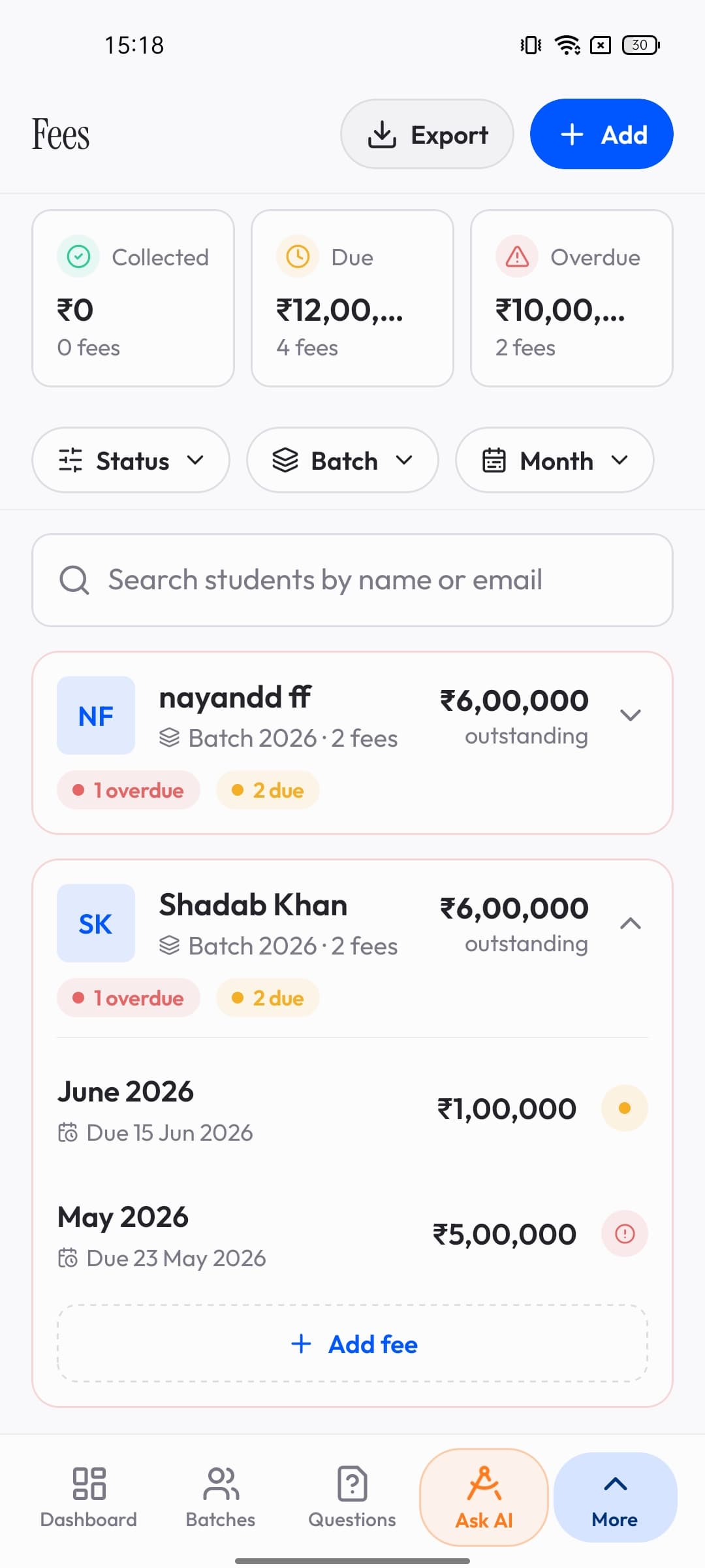 Nindo admin fee management screen